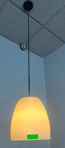 DESCRIPTION (4) ASSORTED SIZE PENDANT LIGHT FIXTURES W/ CONE SHAPED GLASS SHADES. ADDITIONAL INFORMATION WINNING BIDDER MUST CAP WIRES. THIS LOT IS: S