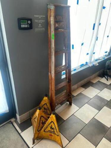 DESCRIPTION (3) WET FLOOR SIGNS AND (1) WOODEN LADDER. THIS LOT IS: ONE MONEY LOCATION SEATING QTY 1