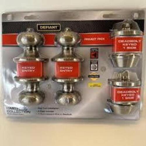 DESCRIPTION: (1) SET OF (2) DOOR KNOBS AND (2) DEADBOLTS BRAND/MODEL: DEFIANT INFORMATION: SATIN NICKEL FINISH SIZE: ALL KEYED ALIKE RETAIL$: $120.0 T