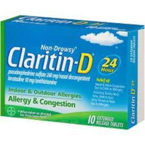 DESCRIPTION: (6) INDOOR AND OUTDOOR ALLERGIES EXTENDED RELEASE TABLETS BRAND/MODEL: CLARITIN-D RETAIL$: $13.99 EA QTY: 6