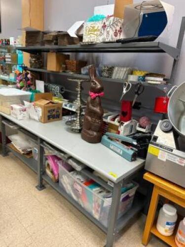 8 FT. WORK TABLE WITH MOUNTED STORAGE SHELVES