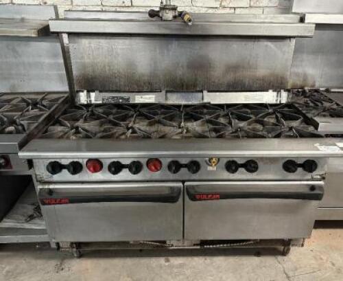 VULCAN TEN BURNER GAS RANGE W/ DOUBLE LOWER OVEN.