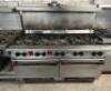 VULCAN TEN BURNER GAS RANGE W/ DOUBLE LOWER OVEN.