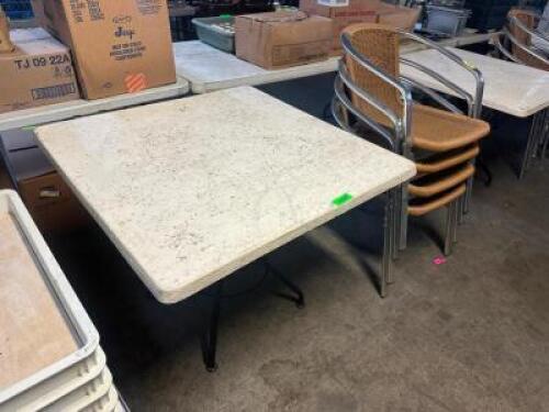 36" X 36" WHITE COMPOSITE PATIO TABLE W/ (4) WICKER PATIO CHAIRS.