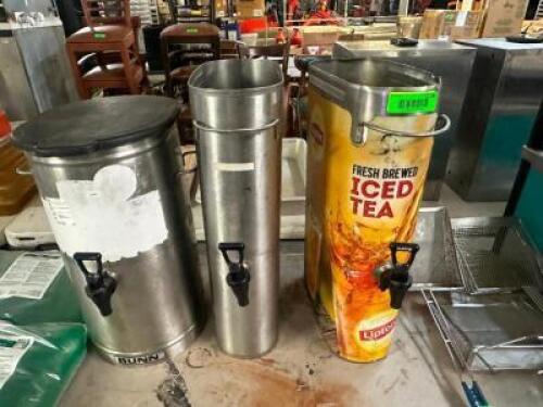 (4) ASSORTED STAINLESS TEA DECANTERS.