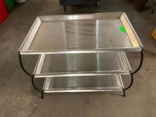 THREE TIER STAINLESS PLATTER STAND W/ TRAYS.