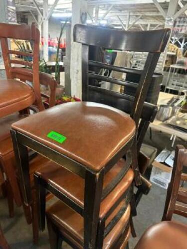 (4) LADDER BACK DARK WOOD CHAIRS W/ BROWN VINYL CUSHIONS