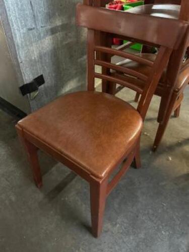 (5) LADDER BACK WOOD CHAIRS W/ BROWN VINYL CUSHIONS