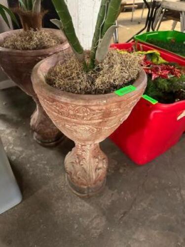 (2) 24" CERAMIC PLANTERS W/ FAUX PLASTIC PALM TREES.
