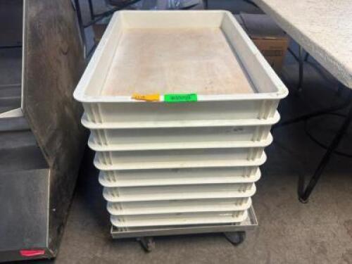 (7) PLASTIC DOUGH BOXES W/ DOLLY.