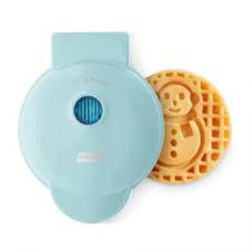 DESCRIPTION: (1) MY MINI WAFFLE MAKER BRAND/MODEL: DASH INFORMATION: TEAL, SNOWMAN DESIGN SIZE: 6.25 x 5.00 x 3.50 RETAIL$: $8.90 QTY: 1