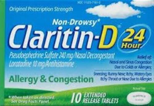DESCRIPTION: (6) INDOOR AND OUTDOOR ALLERGIES EXTENDED RELEASE TABLETS BRAND/MODEL: CLARITIN-D RETAIL$: $13.99 EA QTY: 6