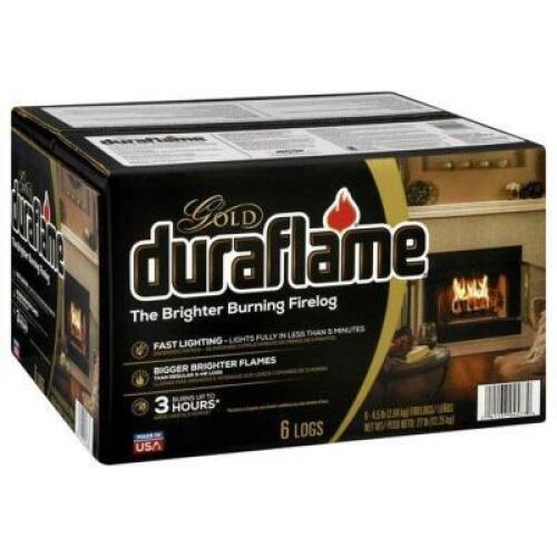 DESCRIPTION: (1) PACK OF (6) GOLD ULTRA PREMIUM FIRELOGS BRAND/MODEL: DURAFLAME/4577 INFORMATION: GOLD/CAPACITY: 6-4.5 LBS RETAIL$: $27.51 PER PK OF 6