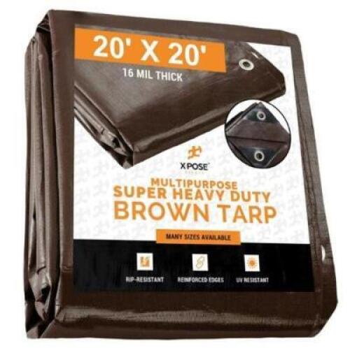 DESCRIPTION: (1) POLY TARP COVER BRAND/MODEL: X-POSE/BHD-2020 INFORMATION: BROWN/WATERPROOF RETAIL$: $122.34 SIZE: 20' X 20' QTY: 1