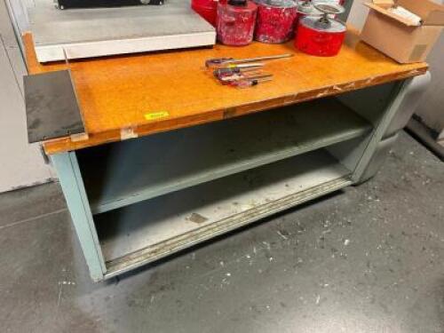 72" WOODEN FABRICATION TABLE W/ LOWER STORAGE.