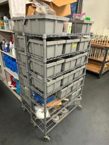 (2) 36" X 12" WIRE SHELVES W/ GREY PLASTIC BINS.