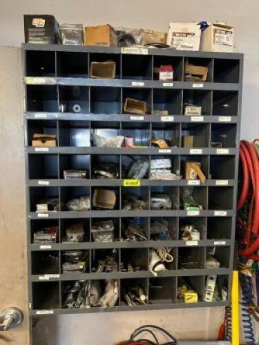 56 BIN METAL WALL MOUNT ORGANIZER W/ CONTENTS