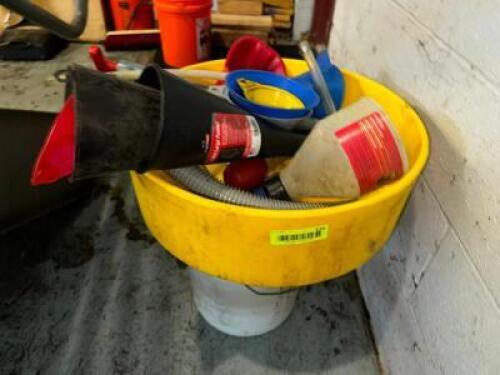(1) LOT OF ASSORTED OIL CONES, PANS, AND FUNNELS