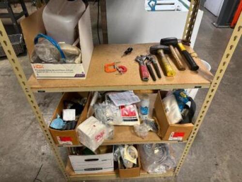 ASSORTED HAND TOOLS AND CONTENTS OF SHELVES