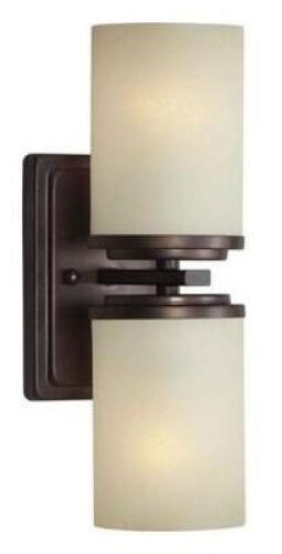 DESCRIPTION: (1) UMBER LINEN GLASS WALL LIGHT BRAND/MODEL: FORTE/2424-02-32 INFORMATION: ANTIQUE BRONZE/TWO-LIGHT RETAIL$: $93.99 SIZE: 14" X 4.5" X 1