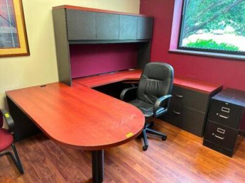 72" X 36" CHERRY LAMINATE DESK W/ RIGHT SIDE RETURN AND CREDENZA W/ HUTCH.