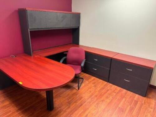 72" X 36" CHERRY LAMINATE DESK W/ RIGHT SIDE RETURN AND CREDENZA W/ HUTCH.