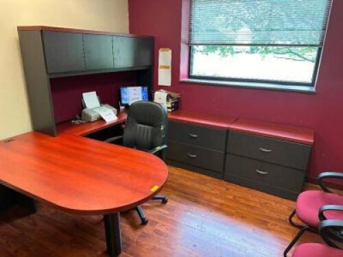 72" X 36" CHERRY LAMINATE DESK W/ RIGHT SIDE RETURN AND CREDENZA W/ HUTCH.