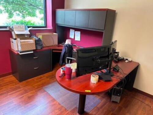 72" X 36" CHERRY LAMINATE DESK W/ LEFT SIDE RETURN AND CREDENZA W/ HUTCH.