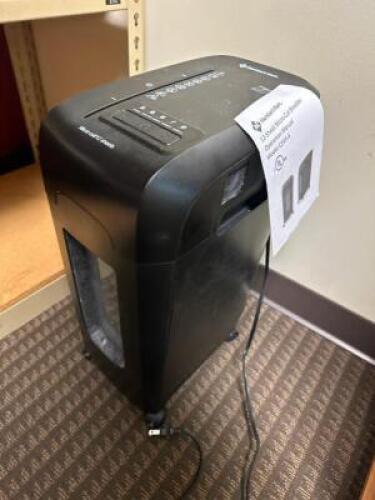 PAPER SHREDDER, NIGHT STAND, AND DESK LAMP.