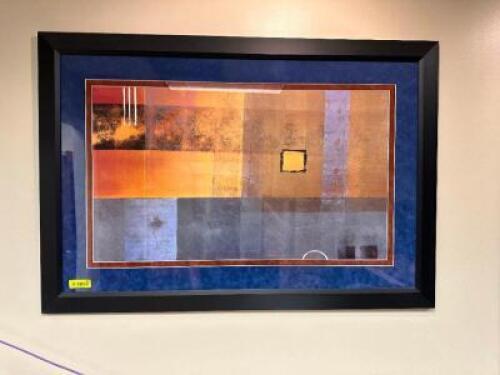 LARGE BLUE AND ORANGE FRAMED PRINT.
