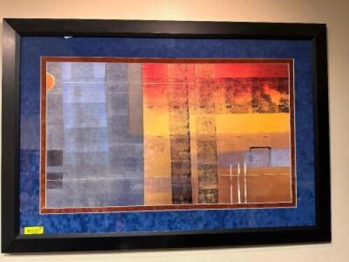 LARGE BLUE AND ORANGE FRAMED PRINT.