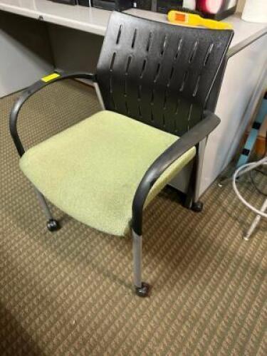 (2) ROLL ABOUT GREEN UPHOLSTERED ARM CHAIRS W/ PLASTIC BACKS
