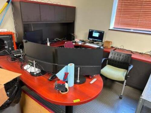 72" X 36" CHERRY LAMINATE DESK W/ LEFT SIDE RETURN AND CREDENZA W/ HUTCH.