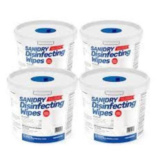 DESCRIPTION: (4) CONTAINERS OF (300) HAND SANITIZER WIPES BRAND/MODEL: SANIDRY INFORMATION: ROSMAR SIZE: 5.9" X 6.7" RETAIL$: $26.49 EA QTY: 4