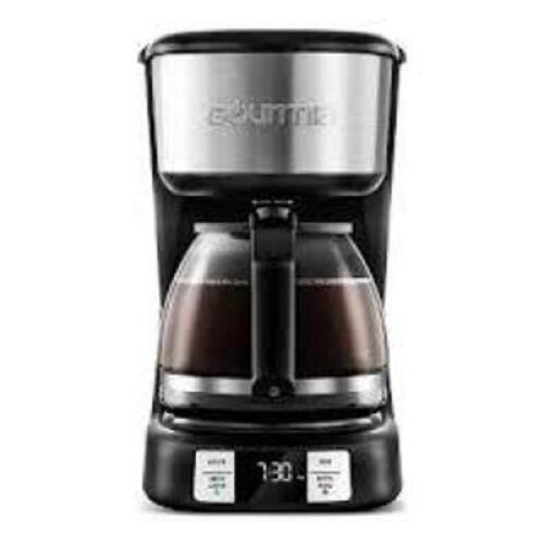 DESCRIPTION: (1) ONE TOUCH COFFEE MAKER BRAND/MODEL: GOURMIA INFORMATION: BLACK AND STAINLESS STEEL SIZE: 5 CUP RETAIL$: $27.99 EA QTY: 1