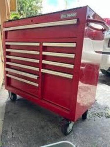 DESCRIPTION: (1) TOOL CABINET, MOBILE BRAND/MODEL: WESTWARD INFORMATION: GLOSSY RED, ON WHEELS SIZE: 42 IN W X 18 15/16 IN D X 39 7/8 IN H RETAIL$: $1