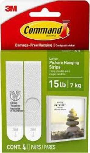 DESCRIPTION: (2) BOXES OF (24) PICTURE HANGING STRIPS BRAND/MODEL: COMMAND/17206-ES INFORMATION: 4-PAIR/WHITE SIZE: .6"L X 3.88"W X 6.75"H RETAIL$: $9