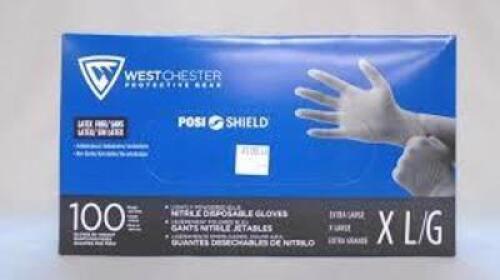 DESCRIPTION: (4) BOXES OF (100) NITRILE DISPOSABLE GLOVES BRAND/MODEL: WEST CHESTER PROTECTIVE GEAR SIZE: LARGE RETAIL$: $26.00 EA QTY: 4