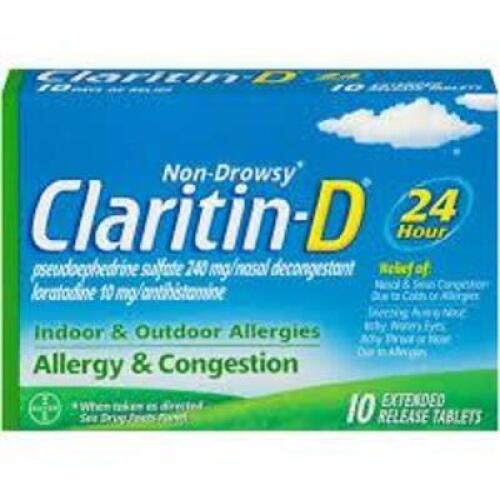 DESCRIPTION: (6) INDOOR AND OUTDOOR ALLERGIES EXTENDED RELEASE TABLETS BRAND/MODEL: CLARITIN-D RETAIL$: $13.99 EA QTY: 6