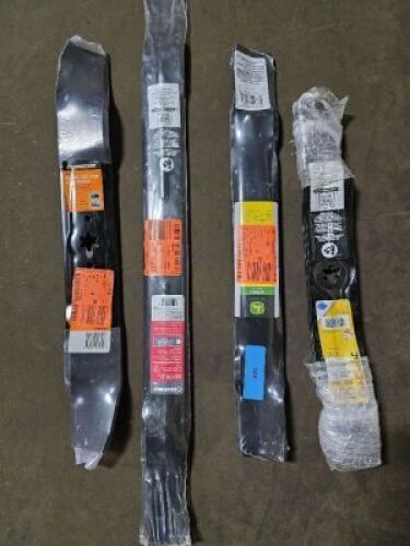 DESCRIPTION: (4) DIFFERENT LAWN MOWER BLADES BRAND/MODEL: TORO, JOHN DEERE, CUB CADET SIZE: 48/42/46 RETAIL$: $100.00 EA QTY: 4