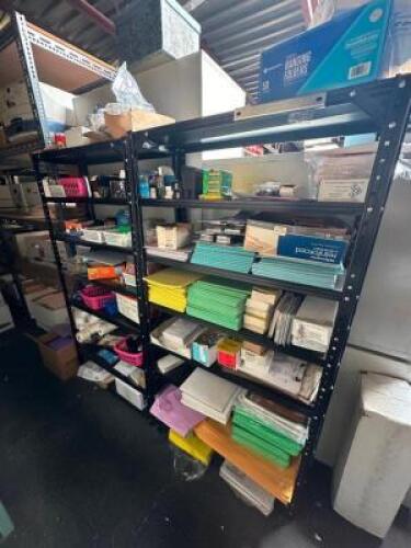 SHELVING UNIT PAIR WITH ASSORTED OFFICE CONTENTS