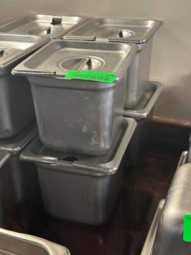 (4) - 1/6 SIZED STAINLESS STEEL INSERTS WITH LIDS