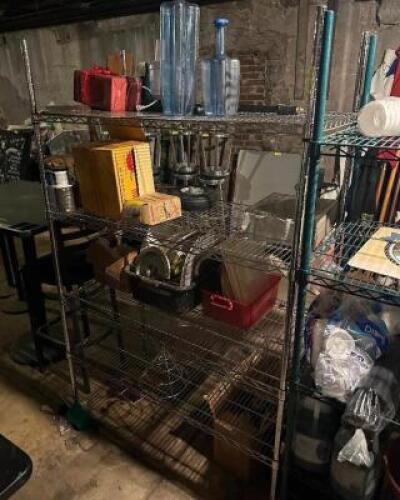 FOUR TIERED WIRE SHELVING W/ CONTENTS