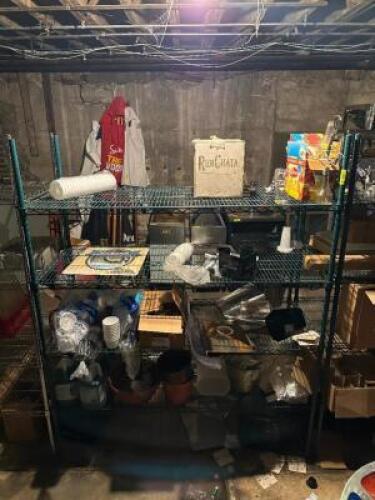 FOUR TIERED WIRE SHELVING W/ CONTENTS