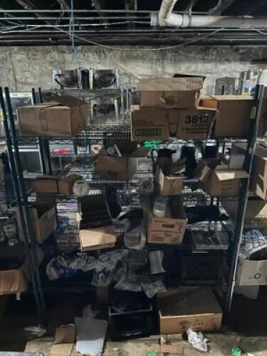 FOUR TIERED WIRE SHELVING W/ CONTENTS