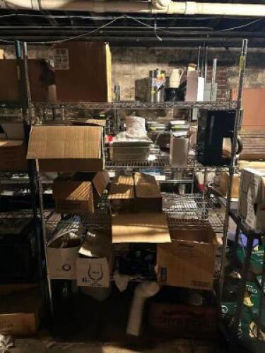FOUR TIERED WIRE SHELVING W/ CONTENTS