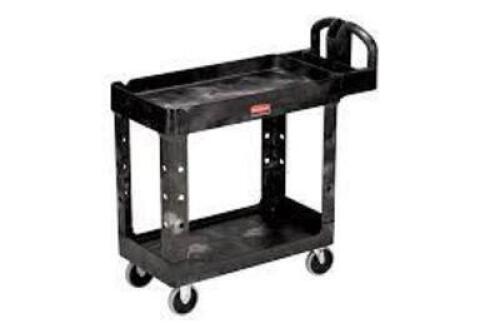 DESCRIPTION: (1) UTILITY CARTBRAND/MODEL: RUBBERMAID #4500-88INFORMATION: BLACKSIZE: 2 SHELF, 17 7/8" X 39" X 33 1/4"RETAIL$: $240.00 EAQTY: 1