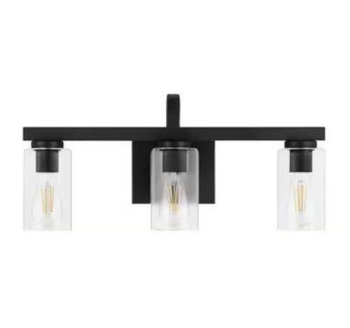 Kendall Manor 22 in. 3 Light Matte Black Bathroom Vanity Light with Clear Glass Shades