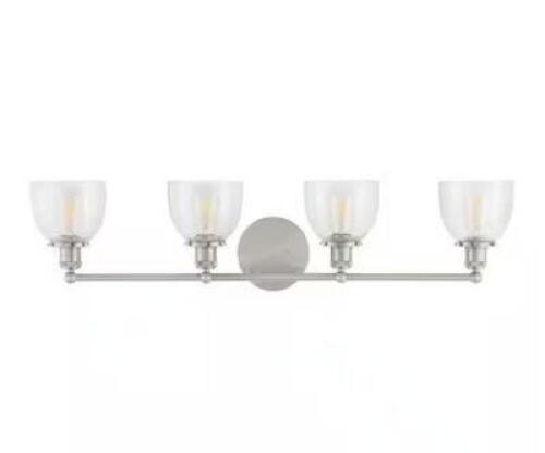 Evelyn 37.5 in. 4-Light Brushed Nickel Industrial Vanity with Clear Glass Shades