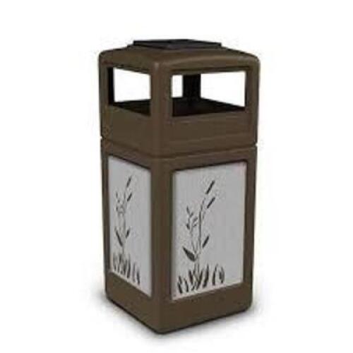 DESCRIPTION: (1) TRASH CONTAINER BRAND/MODEL: POLYTEC INFORMATION: SQUARE, STAINLESS STEEL PANELS, CATTAILS, BROWN SIZE: 42 GALLON RETAIL$: $600.00 EA